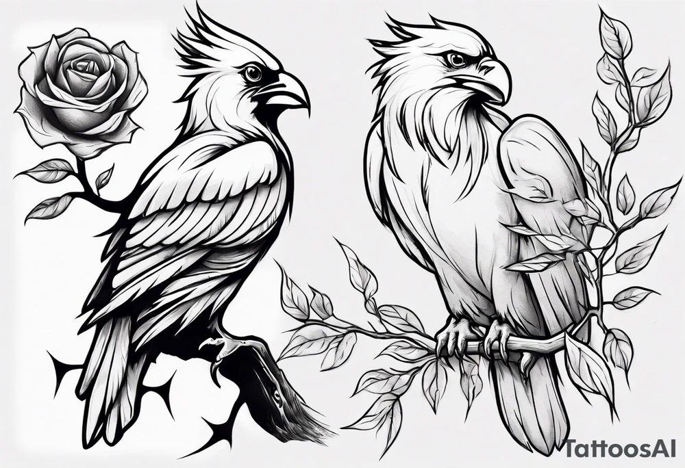 A cardinal with a rose and a eagle sitting in a willow tree. tattoo idea