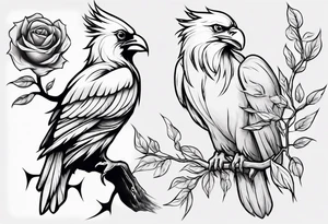 A cardinal with a rose and a eagle sitting in a willow tree. tattoo idea