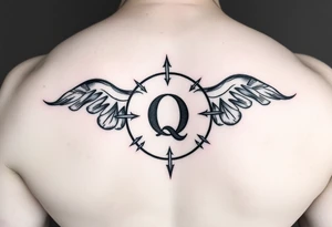 A womb tattoo with a Q in the center, with three points around the outside. The first reading, "BLACK". The second reading, "BABY". The third reading, "ONLY". tattoo idea