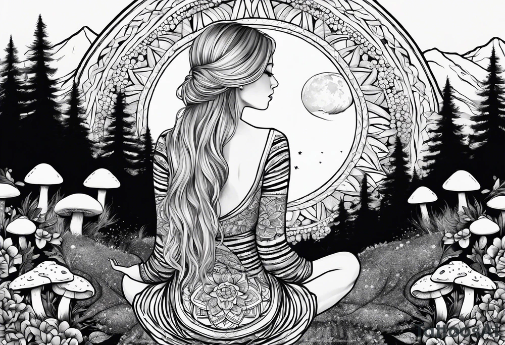 Straight blonde hair girl meditating facing away toward mountains surrounded by mushrooms crescent moon mandala circular design black and white striped dress tattoo idea