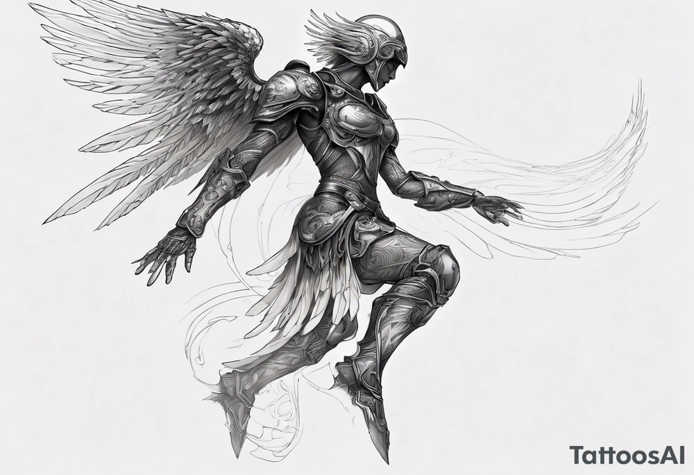 Side view of an black angel wearing inorganic armor that is in mid-air ready to attack tattoo idea