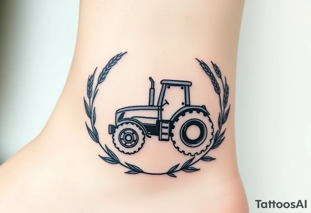 A tractor framed by a circular wreath of wheat and corn stalks, representing abundance and harvest. tattoo idea