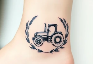 A tractor framed by a circular wreath of wheat and corn stalks, representing abundance and harvest. tattoo idea