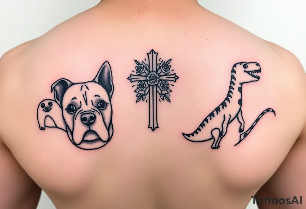 2 bulldogs with 2 dachunds with a paw print, a cross with roses, and a dinosaur tattoo idea