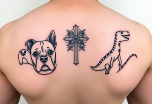 2 bulldogs with 2 dachunds with a paw print, a cross with roses, and a dinosaur tattoo idea