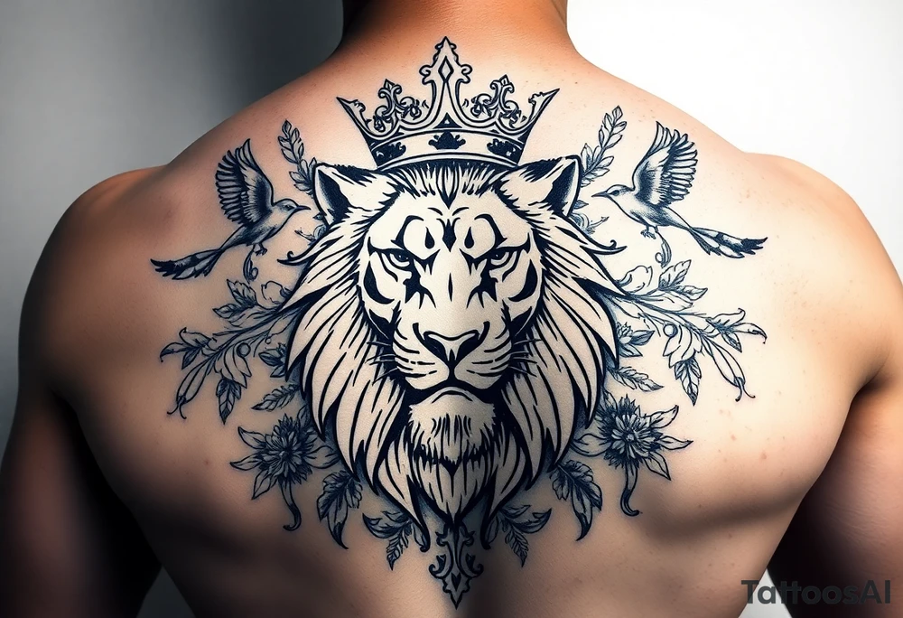 powerful majestic lion with a crown, surrounded by floral ornaments and birds tattoo idea