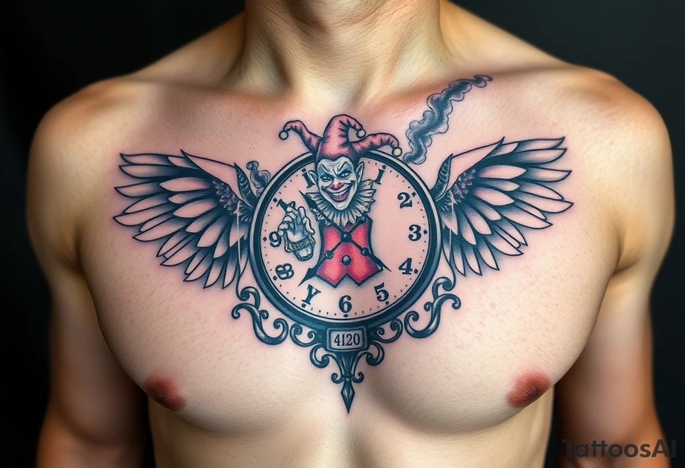 a jester clown floating in smoke with a  clock, the time says 420,  with two open wings besides the clock, smoke as the spring rising from the clock, a jester clown coming out the smoke, smoking in one hand with a liquor bottle on the other hand tattoo idea