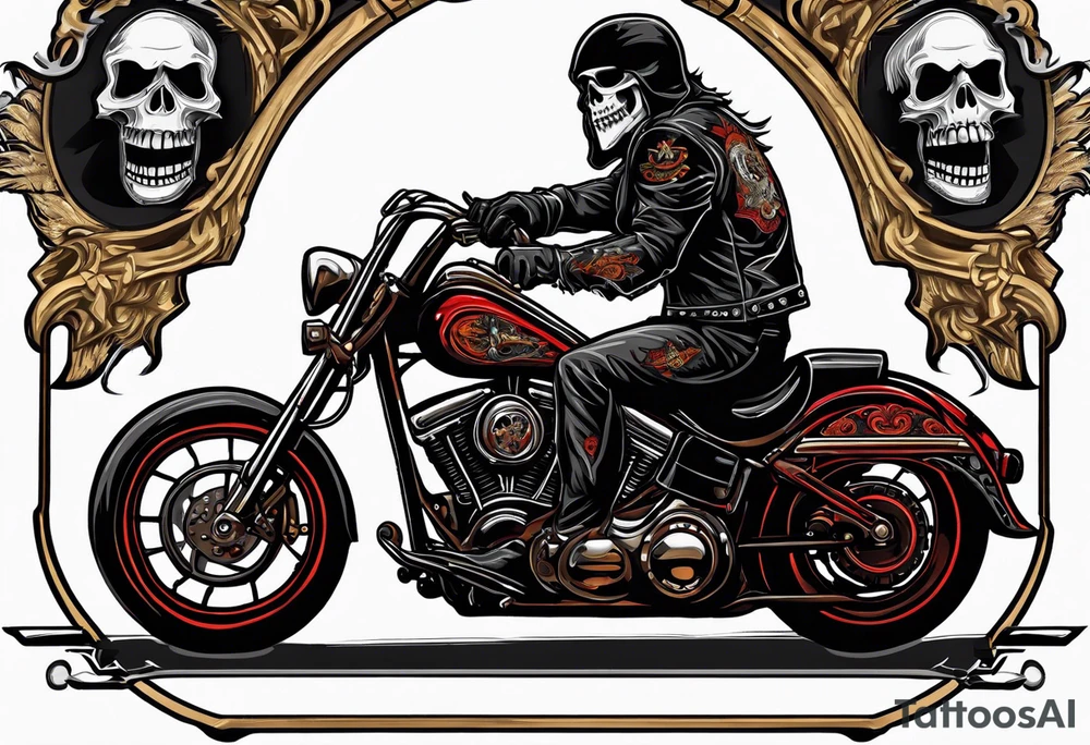 Motorcycle patch for a outlaw motorcycle club named the executioners with axes and a skeleton riding a Harley with an executioner mask on tattoo idea