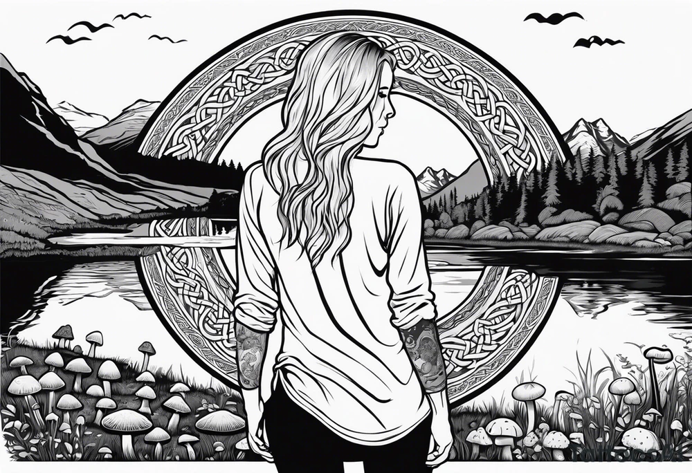 Whole picture encircled fully

Straight long blonde hair hippie girl in distance holding mushrooms in hand facing away toward mountains and creek surrounded by mushrooms long sleeve shirt and hiking pants; whole rendering within a full celtic circle border, no cut off circle tattoo idea