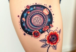 Milky way galaxy with planets with zodiac symbols and protection runes with red roses and sunflowers tattoo idea