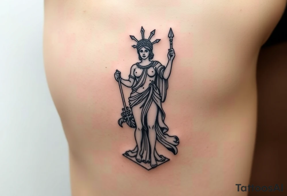 outer thigh tattoo greek sculpture athena, fine line tattoo idea