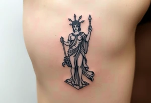 outer thigh tattoo greek sculpture athena, fine line tattoo idea