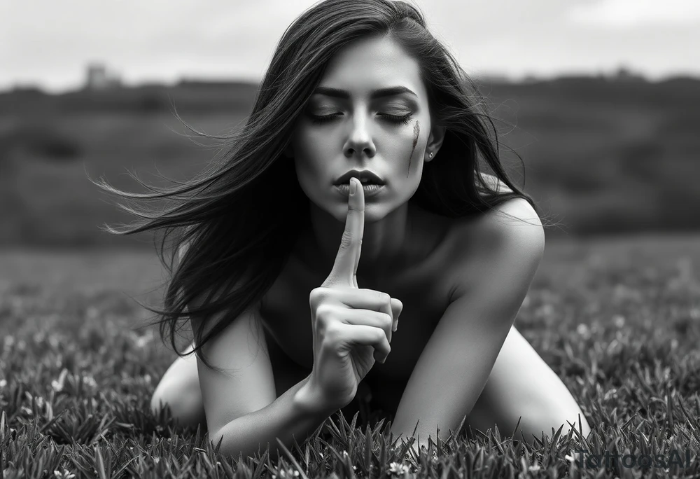 Theme: A powerful portrayal of the "See No Evil, Hear No Evil, Speak No Evil" concept, interpreted as a deliberate choice of selective perception and silence. The direct gaze and front-facing pose draw the viewer into her deliberate act of willful ignorance and secrecy.
Placement:  full front / full front thigh piece
Style realism black and grey).
Vibe: Striking,beautiful, and serene.
The Woman:
Pose: Kneeling on the grass, facing fully forward toward the viewer. The depiction will focus on her face, neck, upper chest, and torso.
Hair: Long hair flows forward and out to the sides, caught by the wind. It frames her face and shoulders.
Face - Eyes: Eyes are closed, emphasizing her active choice to close herself off.
Face - Nose/Mouth: A finger is held vertically to her lips in a "shush" or "don't speak" gesture, prominently visible centered on 
  Ears are seen bleeding and blood stains in the side in her left cheek 
Background/ Environment:
 Lush green grass where she is kneeling, at the very bottom of the composition.
Flowers roses and Beautiful  plumeria flowers bloom around her kneeling form,  framing her hips or flowing near the grass line. As the sun is setting 
Butterflies: Different sized butterflies flutter in the space around her chest and hair, adding organic movement.
Essential References & Inspiration
Examples of hair blowing forward in the wind, framing the face and chest.
Specific examples of the "shush" finger-to-lips pose from a front angle.
 pink plumeria and various butterflies. tattoo idea