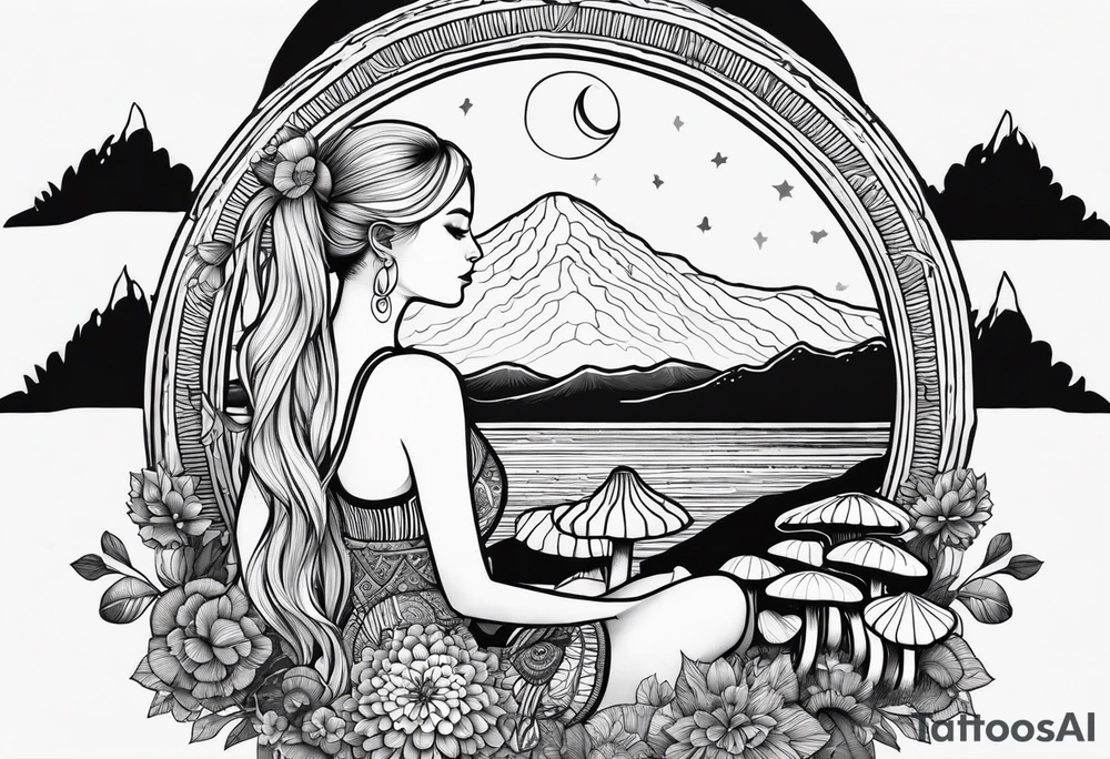 Straight blonde hair girl holding mushrooms in hand meditating facing away toward mountains surrounded by mushrooms crescent moon mandala circular design black and white striped dress tattoo idea