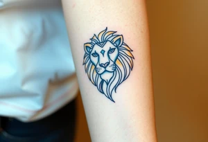 A highly detailed line-art Czech lion, with intricate patterns in its mane and subtle golden, blue, red shading for a regal look. tattoo idea