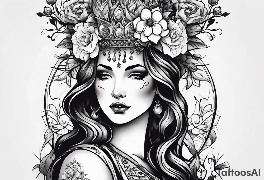 persephone goddess theme tattoo with a dark or gothic perspective. Include pomegranate, flowers and her being the queen of the underwood tattoo idea