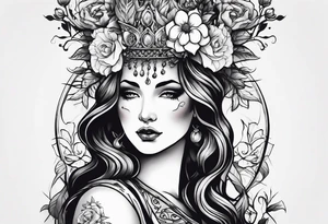 persephone goddess theme tattoo with a dark or gothic perspective. Include pomegranate, flowers and her being the queen of the underwood tattoo idea