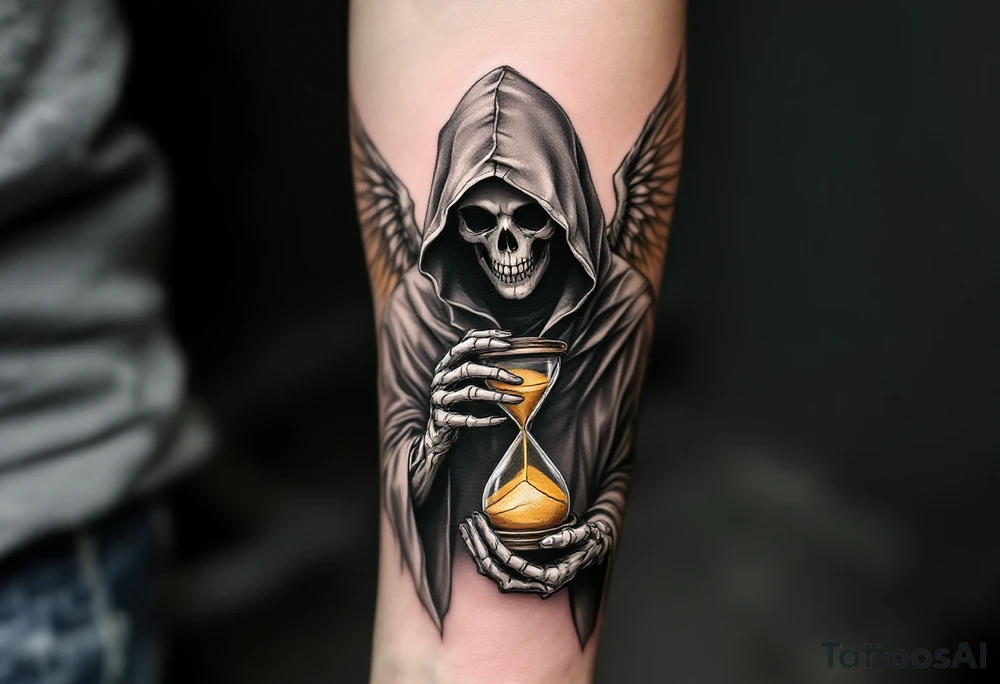 A skeletal angel in a hooded robe, holding a cracked hourglass with golden sand slipping through its bony fingers. tattoo idea