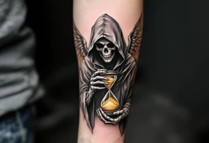 A skeletal angel in a hooded robe, holding a cracked hourglass with golden sand slipping through its bony fingers. tattoo idea