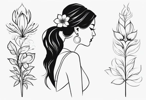 create an elegant spine tattoo for women. make it simple but beautiful. include themes of flowers, leaves, lines, words, etc. make it thin not too thick tattoo idea