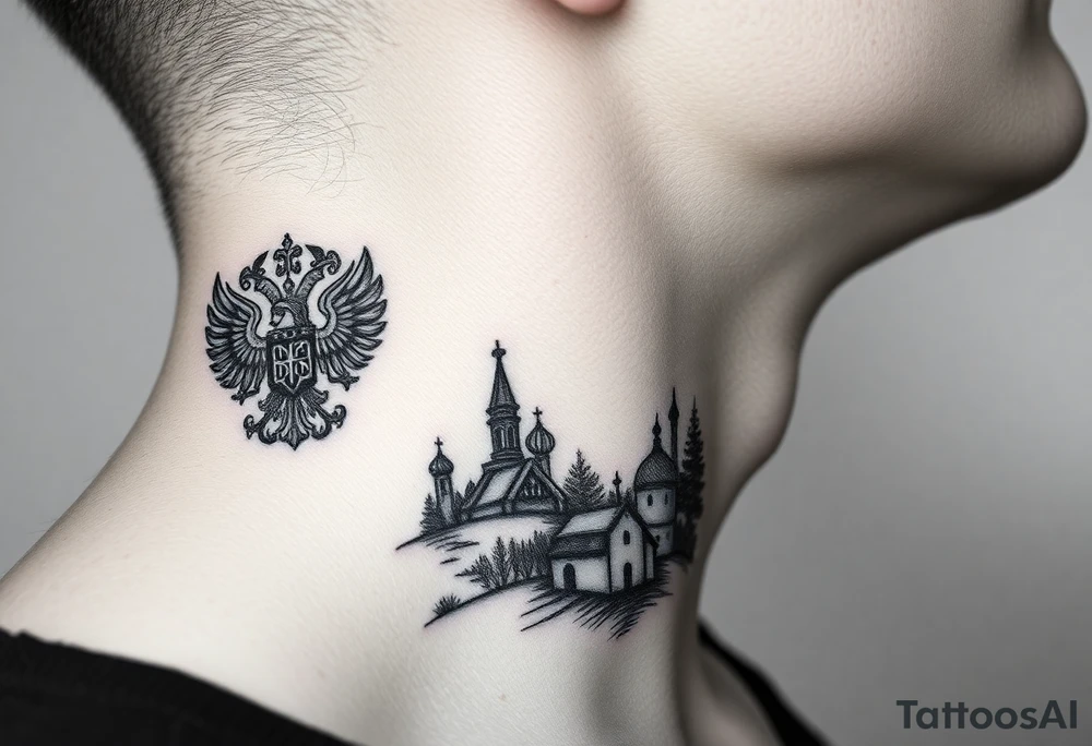 Traditional authentic Russian coat of arms with a Christian orthodox virgin marry in the middle and silhouette in a Russian wilderness Christian orthodoxy dome church village setting on the side of my neck tattoo idea