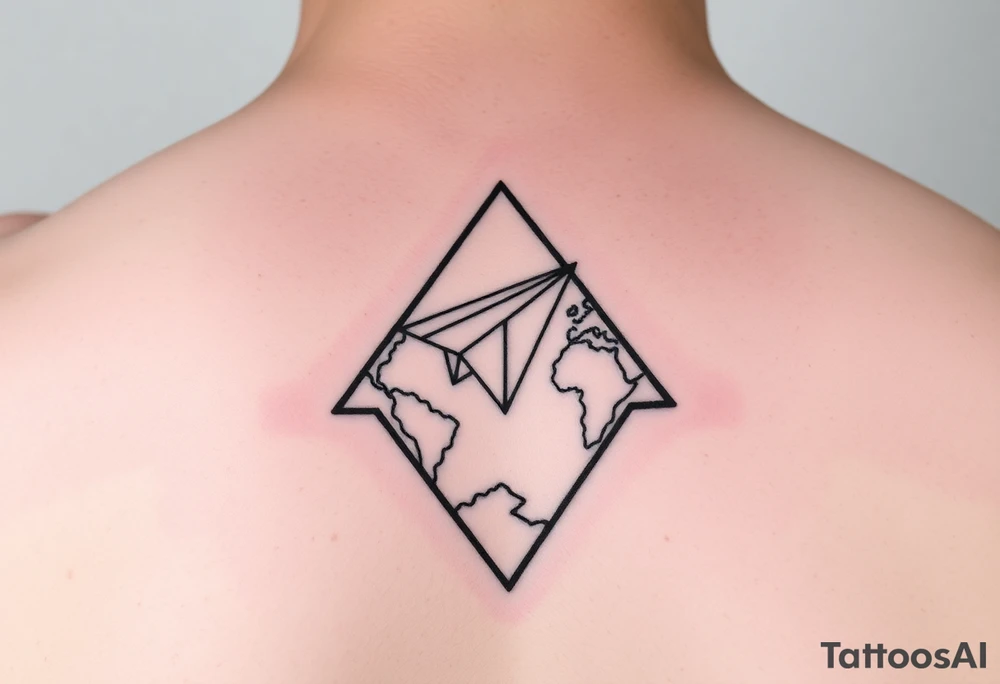 Small geometric triangle with a geometric paper plane flying around the world with fine thin lines tattoo idea