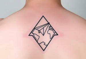Small geometric triangle with a geometric paper plane flying around the world with fine thin lines tattoo idea