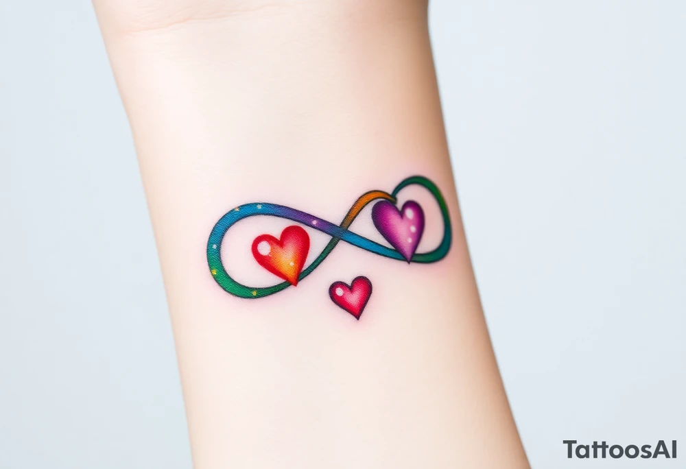 infinity symbol in rainbow colors and hearts at its ending tattoo idea
