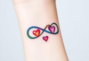 infinity symbol in rainbow colors and hearts at its ending tattoo idea