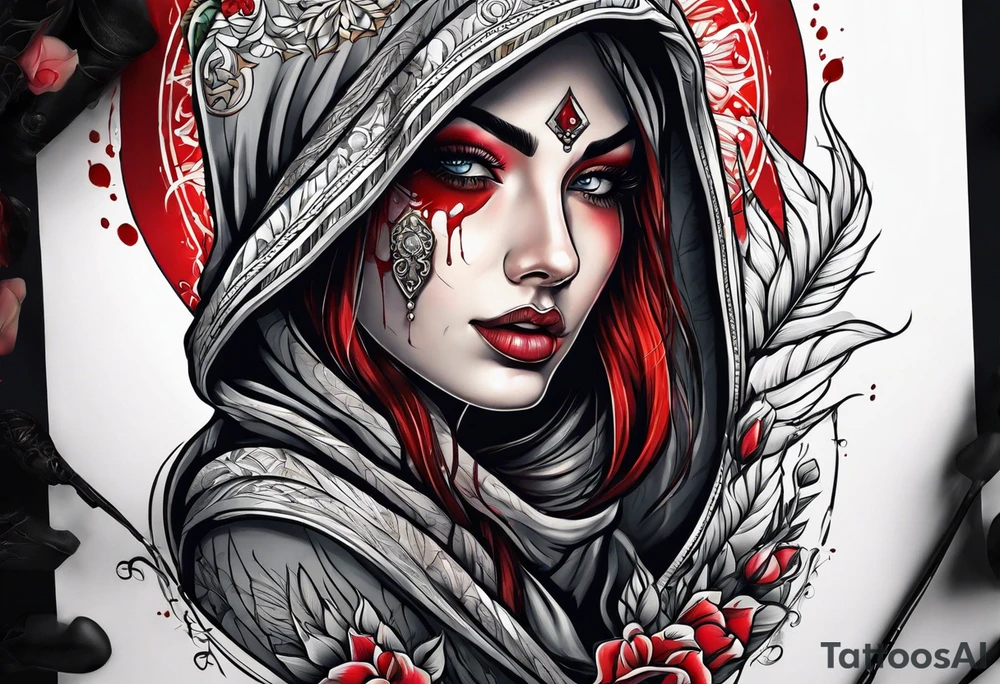 Neo traditional hooded woman tattoos under eyes blood scars hand with eye in palm tattoo idea