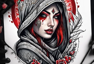 Neo traditional hooded woman tattoos under eyes blood scars hand with eye in palm tattoo idea