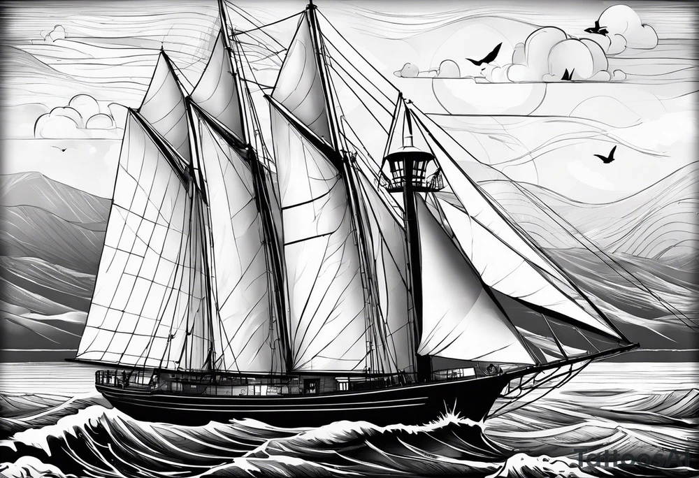 voilier vue de face. phare maritime fixé au centre du voilier et utilisé comme un mat pour les voiles. tattoo idea