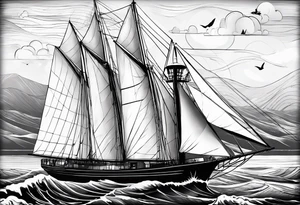 voilier vue de face. phare maritime fixé au centre du voilier et utilisé comme un mat pour les voiles. tattoo idea