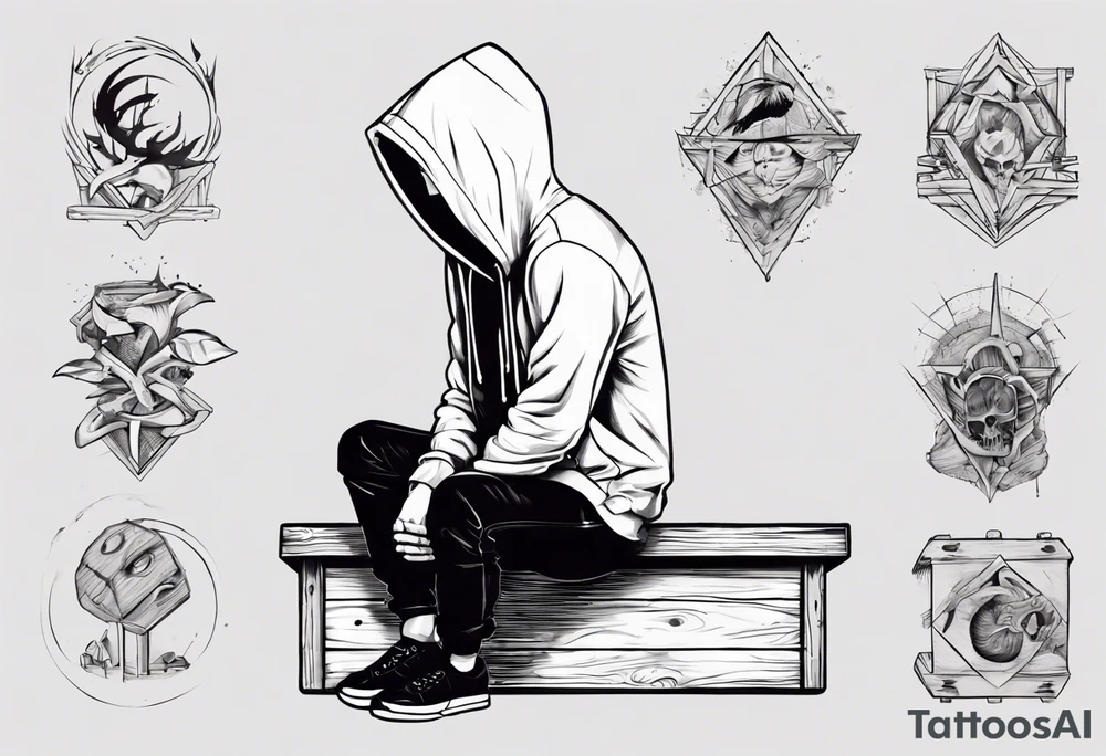 A guy in a hoodie sitting on a wooden box, looking down. tattoo idea