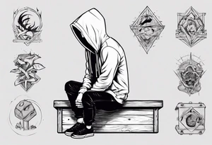 A guy in a hoodie sitting on a wooden box, looking down. tattoo idea