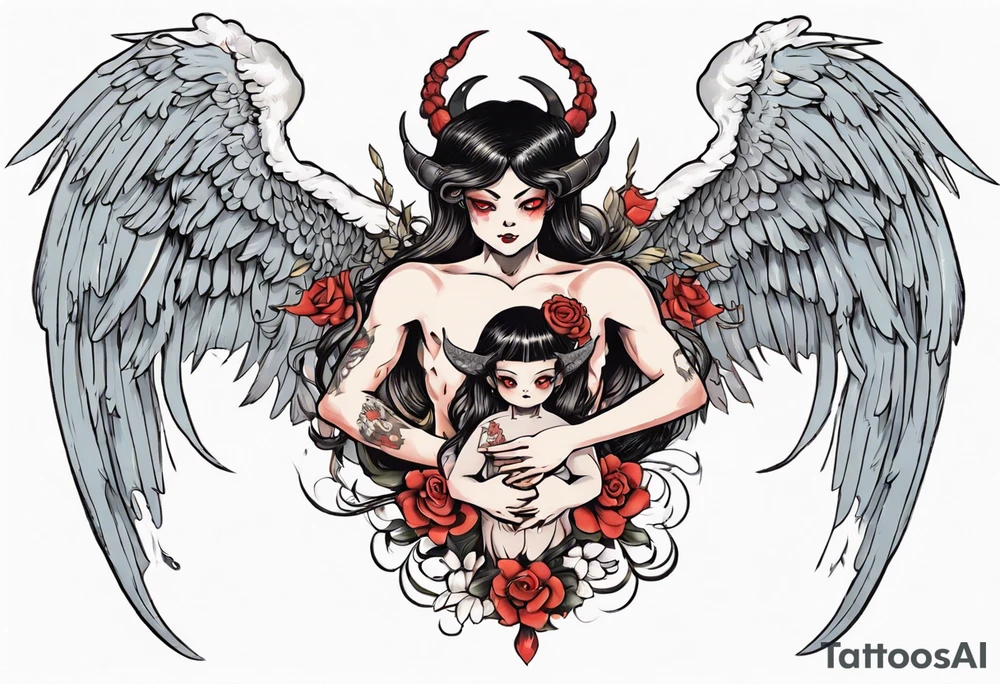 Demon holding an angel around her waist with her halo in his hands. He has angel wings, she has demon wings. tattoo idea