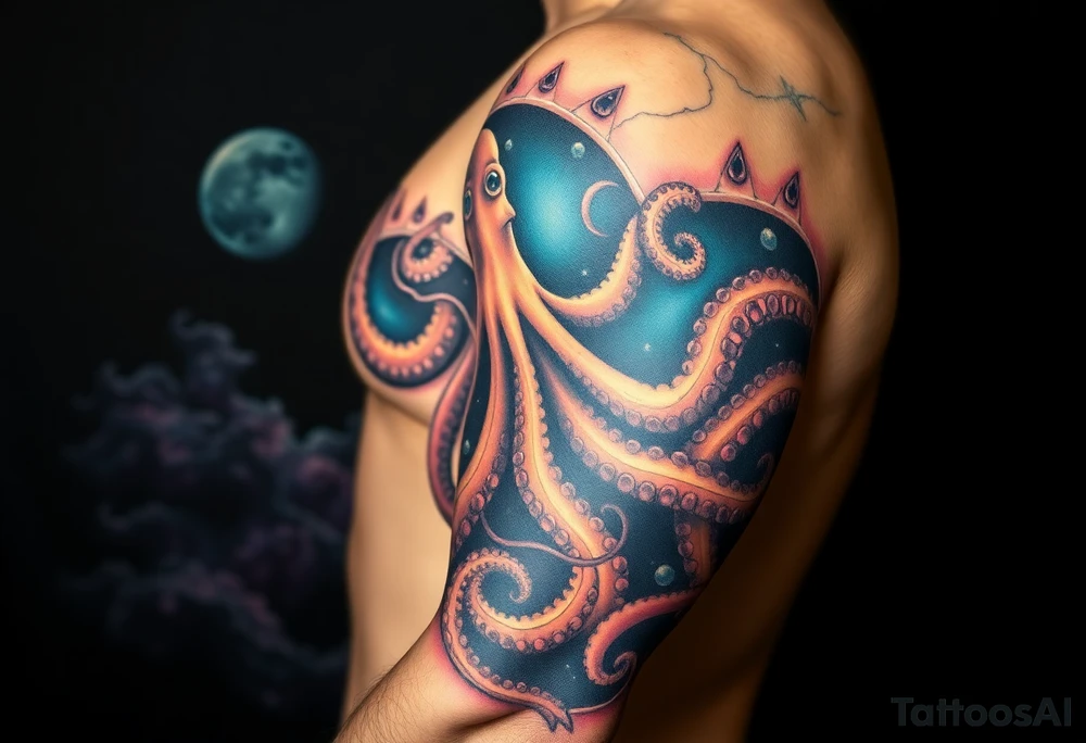 Deep sea with a real looking octopus grabbing a astronaut in a deep sea and space concept background tattoo idea