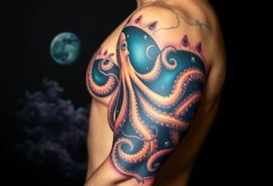 Deep sea with a real looking octopus grabbing a astronaut in a deep sea and space concept background tattoo idea