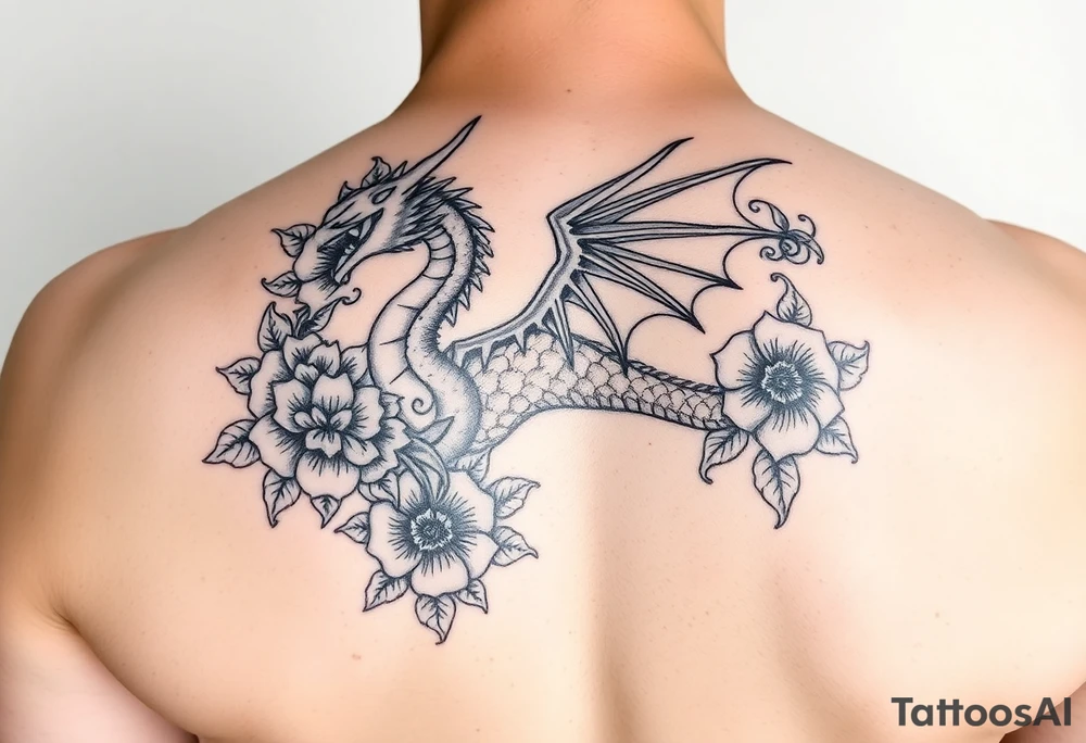 femanine dragon surrounded by floral tattoo idea