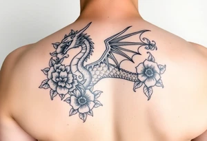 femanine dragon surrounded by floral tattoo idea