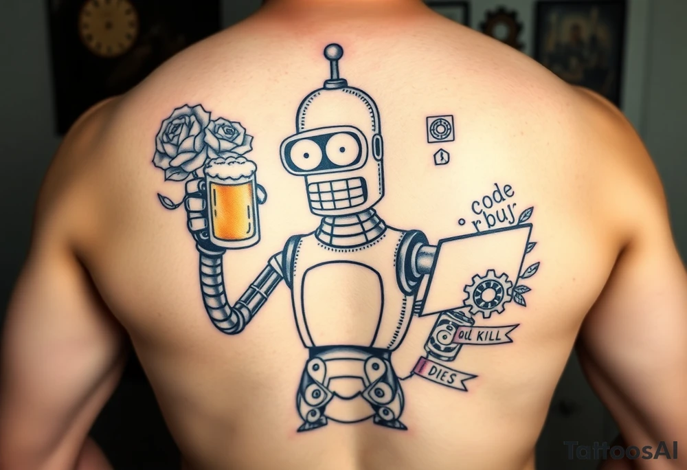 Neo-traditional tattoo of a robot inspired by Bender from Futurama, holding a beer mug in one hand and a laptop in the other. The design features bold outlines, rich shading, and saturated colors. Surround the robot with classic motifs like roses, gears, and small banners with text like 'Kill all bugs' or 'Code or die'. Designed for shoulder placement, in a bold and slightly retro style with modern programming twist. tattoo idea
