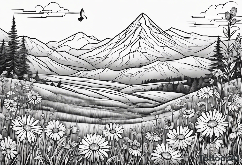 Small bird in field of grass and daisys Mountain View in distance tattoo idea