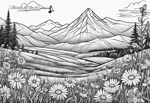 Small bird in field of grass and daisys Mountain View in distance tattoo idea