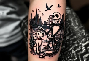 jack skellington with dog,smoking a blunt and fishing,surrounded by city buildings,golden gate bridge, birds, palm trees, tattoo idea