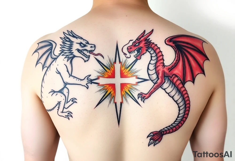 Golden dragon on left shoulder, chest and arm breathing fire at a red dragon on right quad and lower right abdomen breathing fire at the gold dragon with Jesus in the middle of a forcefield blocking fire from both dragons. tattoo idea