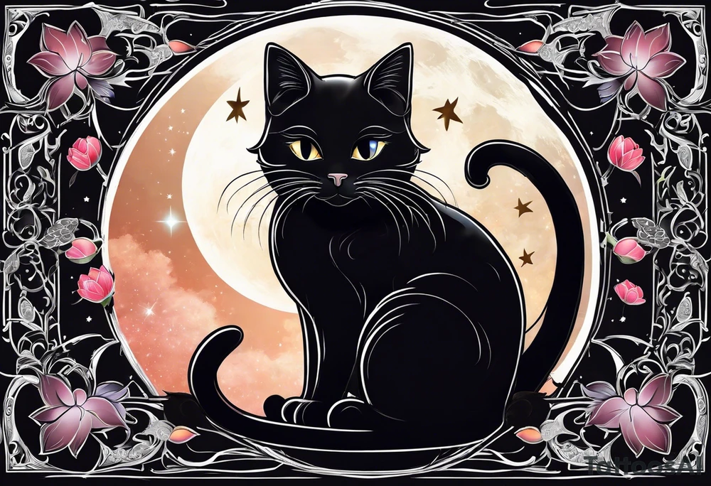 Photo realistic black cat head with moon and stars and lotus flower tattoo idea