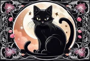 Photo realistic black cat head with moon and stars and lotus flower tattoo idea