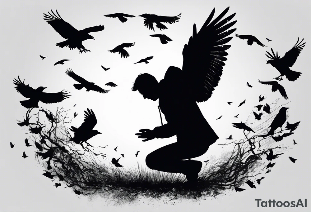 Silhouette of a man on his hands and knees bent over with crows coming out his back flying away. tattoo idea