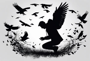 Silhouette of a man on his hands and knees bent over with crows coming out his back flying away. tattoo idea