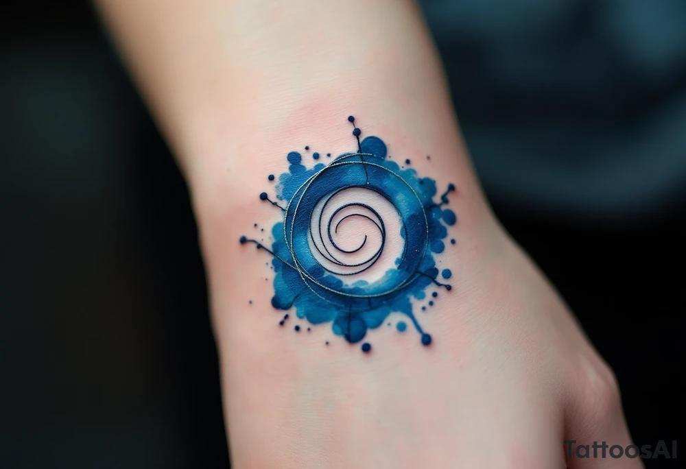 A bold navy blue spiral wrapped in thin silver threads, evoking a sense of cosmic energy. tattoo idea